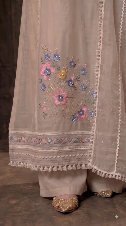 Premium Designer Beige Kota Pakistani Suit with Floral Embroidery