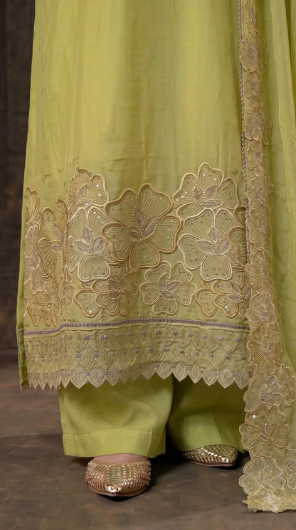 Premium Designer Lime Silk Pakistani Suit with Golden Floral Embroidery