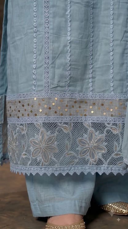 Premium Designer Powder Blue Soft Mul Pakistani Suit with Pearl Tassel Work