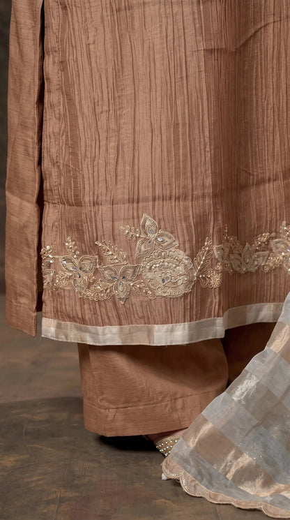 Premium Designer Caramel Bronze Soft Crush Suit with Pearl, Sequin & Intricate Embroidery Work