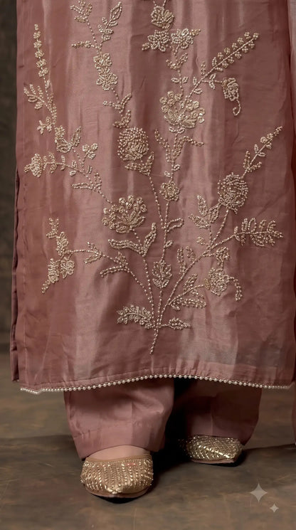 Pakistani Designer Antique Rose Tissue Suit with Floral Handwork, Bead & Sequin Detailing