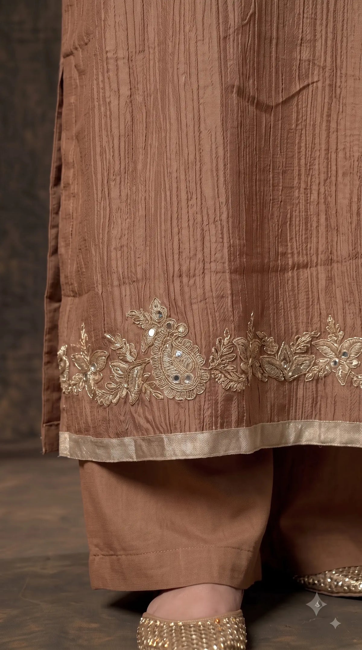 Premium Designer Caramel Bronze Soft Crush Suit with Pearl, Sequin & Intricate Embroidery Work