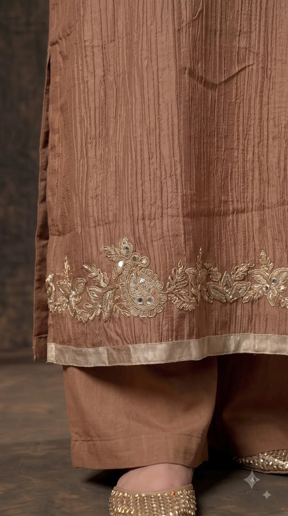 Premium Designer Caramel Bronze Soft Crush Suit with Pearl, Sequin & Intricate Embroidery Work
