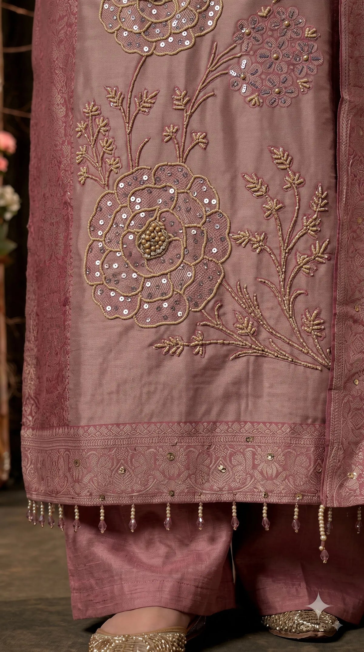 Premium Designer Dusty Rose Pink Banarasi Suit with Royal Floral Hand Work