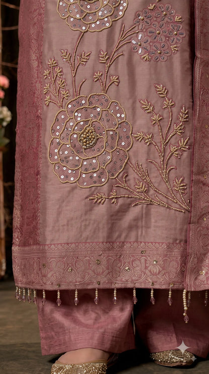Premium Designer Dusty Rose Pink Banarasi Suit with Royal Floral Hand Work