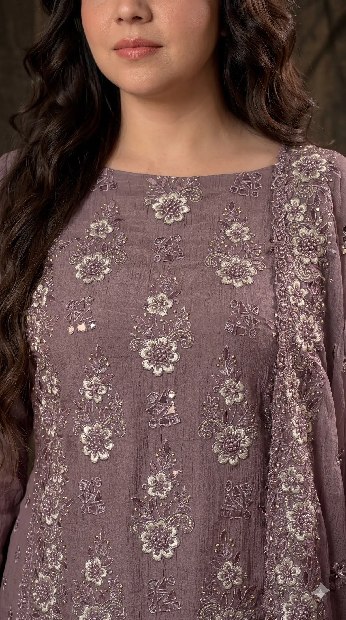 Pakistani Designer Mauve Shade Soft Crush Tissue Suit with Floral Embroidery, Pearl & Sequin Work