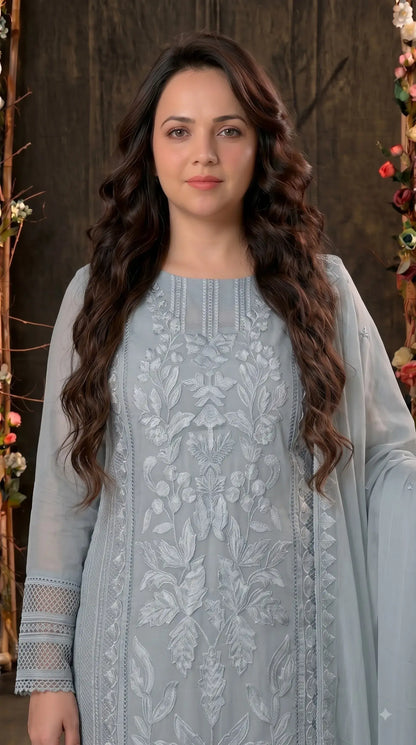 Premium Designer Ice Blue Suit in Soft Organza Fabric