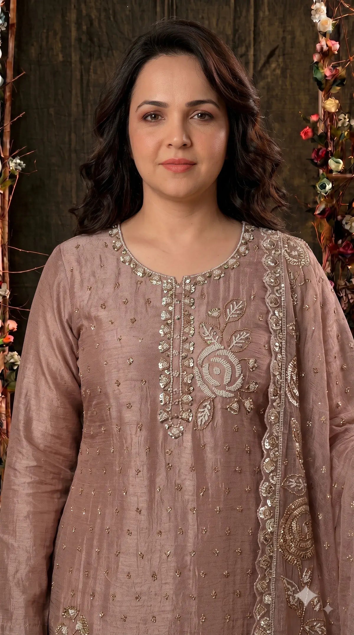 Premium Dusty Rose Taupe Soft Tissue Designer Suit with Pearl Work