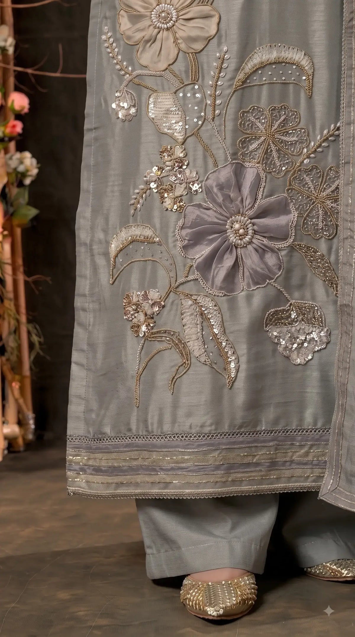 Premium Designer Silver Shade Designer Suit in Soft Tissue Fabric with Royal Hand Work