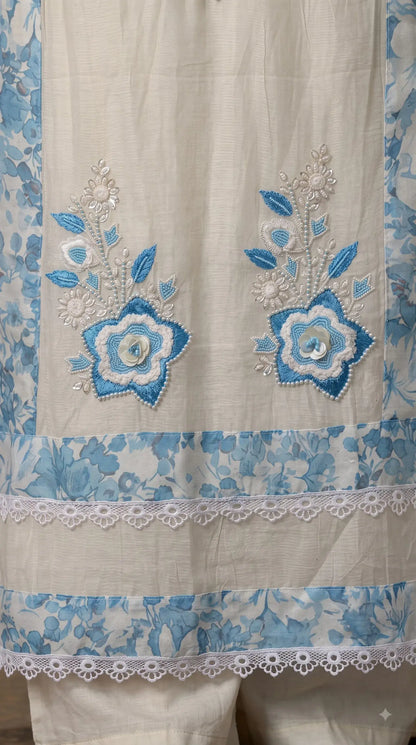 Premium Designer Off-White Mull Cotton Suit with Blue Floral Embroidery, Pearl & Sequin Work