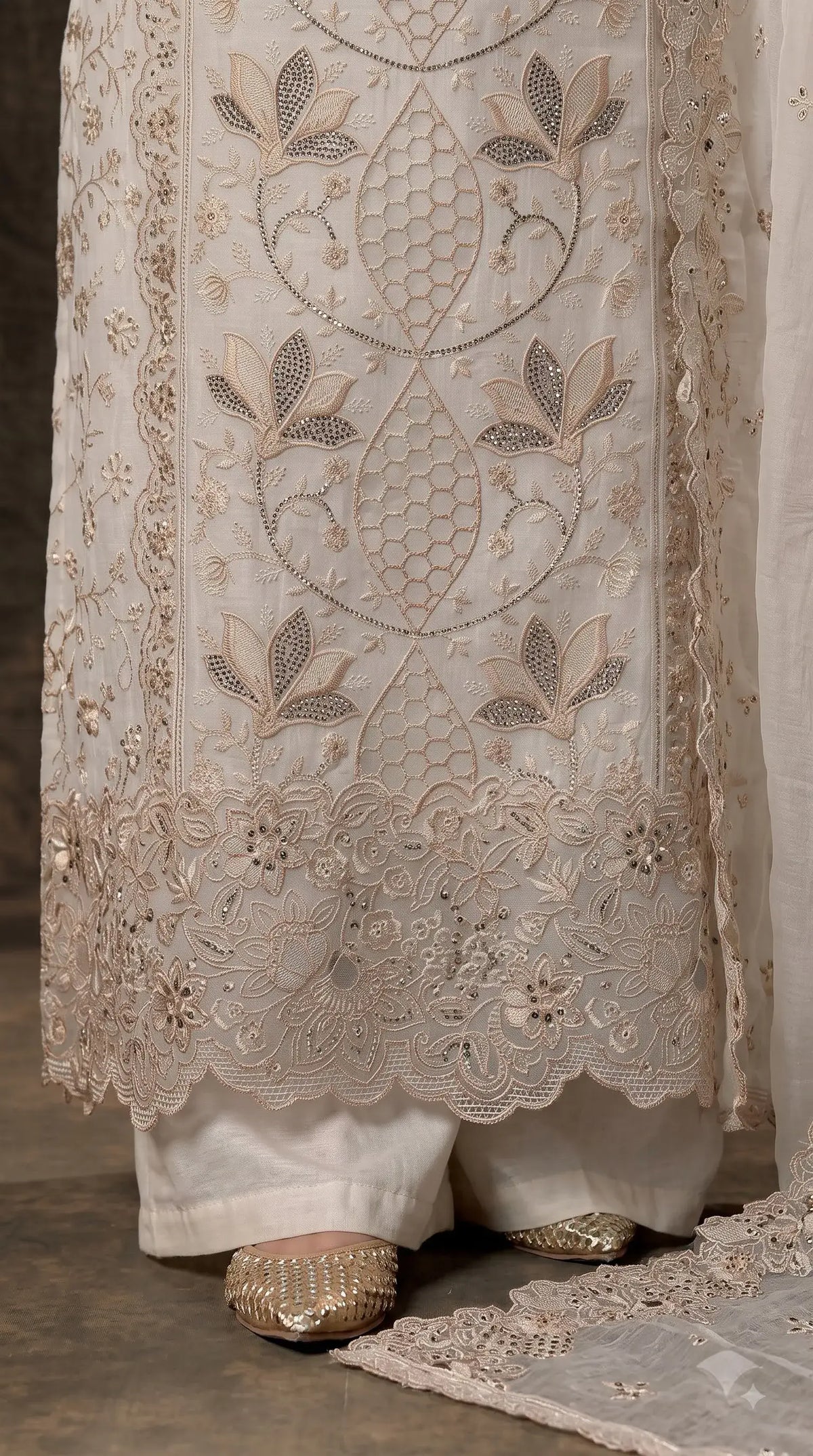 Premium Designer White Marble Chiffon Suit with Intricate Cutwork, Crystal & Floral Embroidery