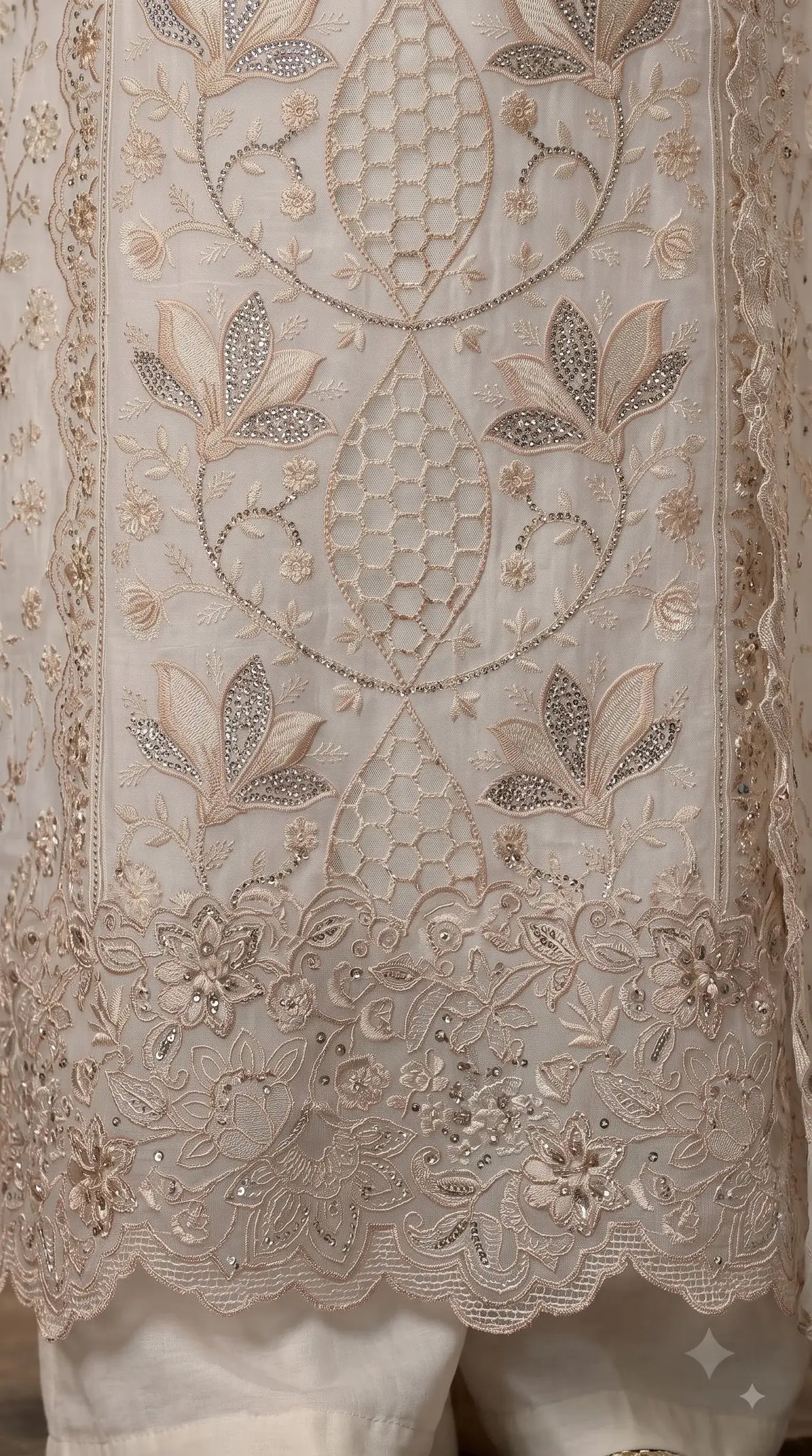 Premium Designer White Marble Chiffon Suit with Intricate Cutwork, Crystal & Floral Embroidery