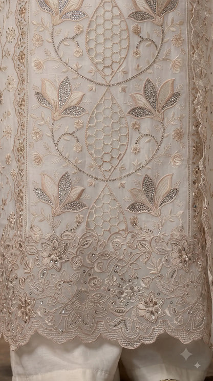 Premium Designer White Marble Chiffon Suit with Intricate Cutwork, Crystal & Floral Embroidery