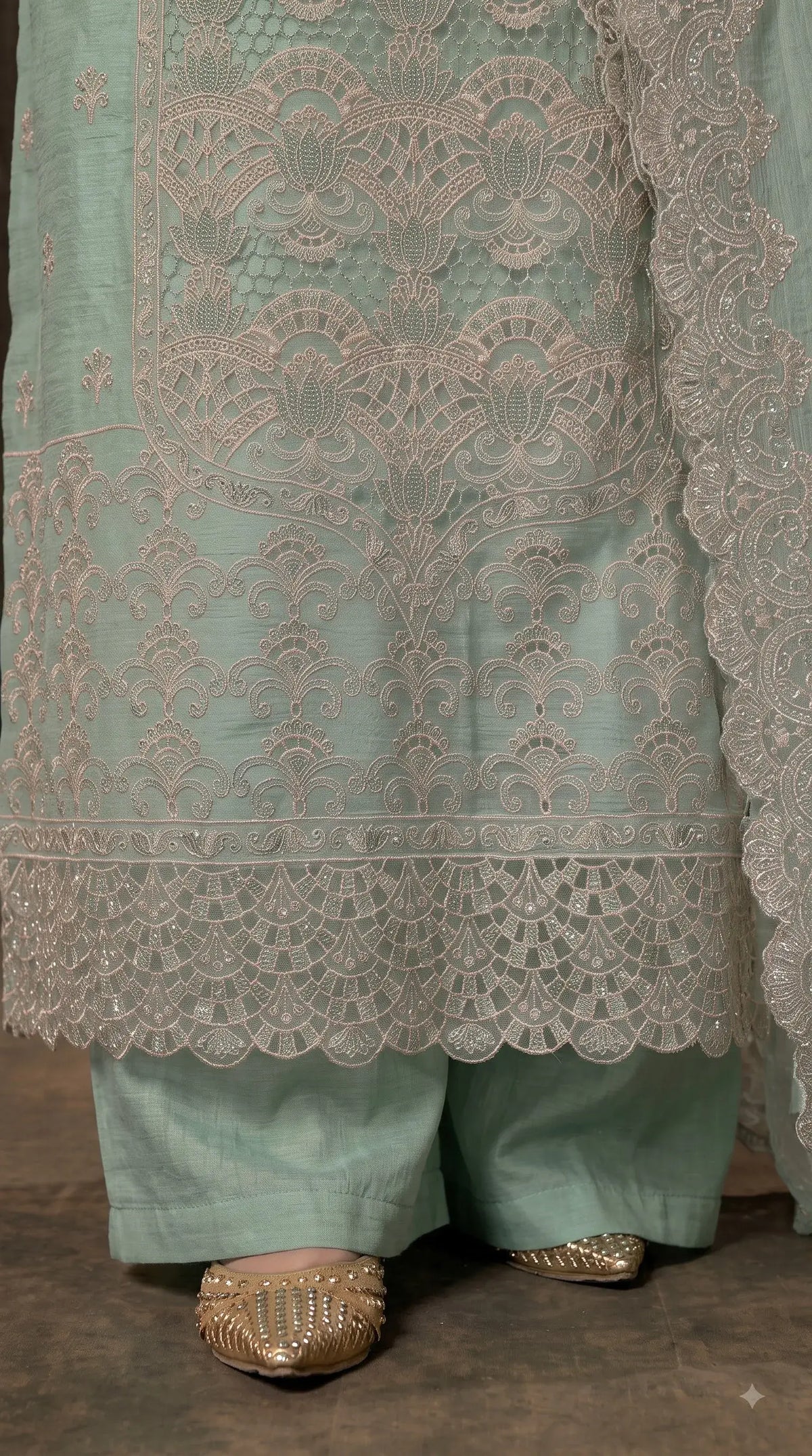 Premium Seafoam Mint Soft Crush Tissue Designer Suit with Intricate Cutwork Embroidery & Sequin Work