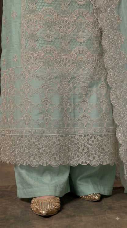 Premium Seafoam Mint Soft Crush Tissue Designer Suit with Intricate Cutwork Embroidery & Sequin Work
