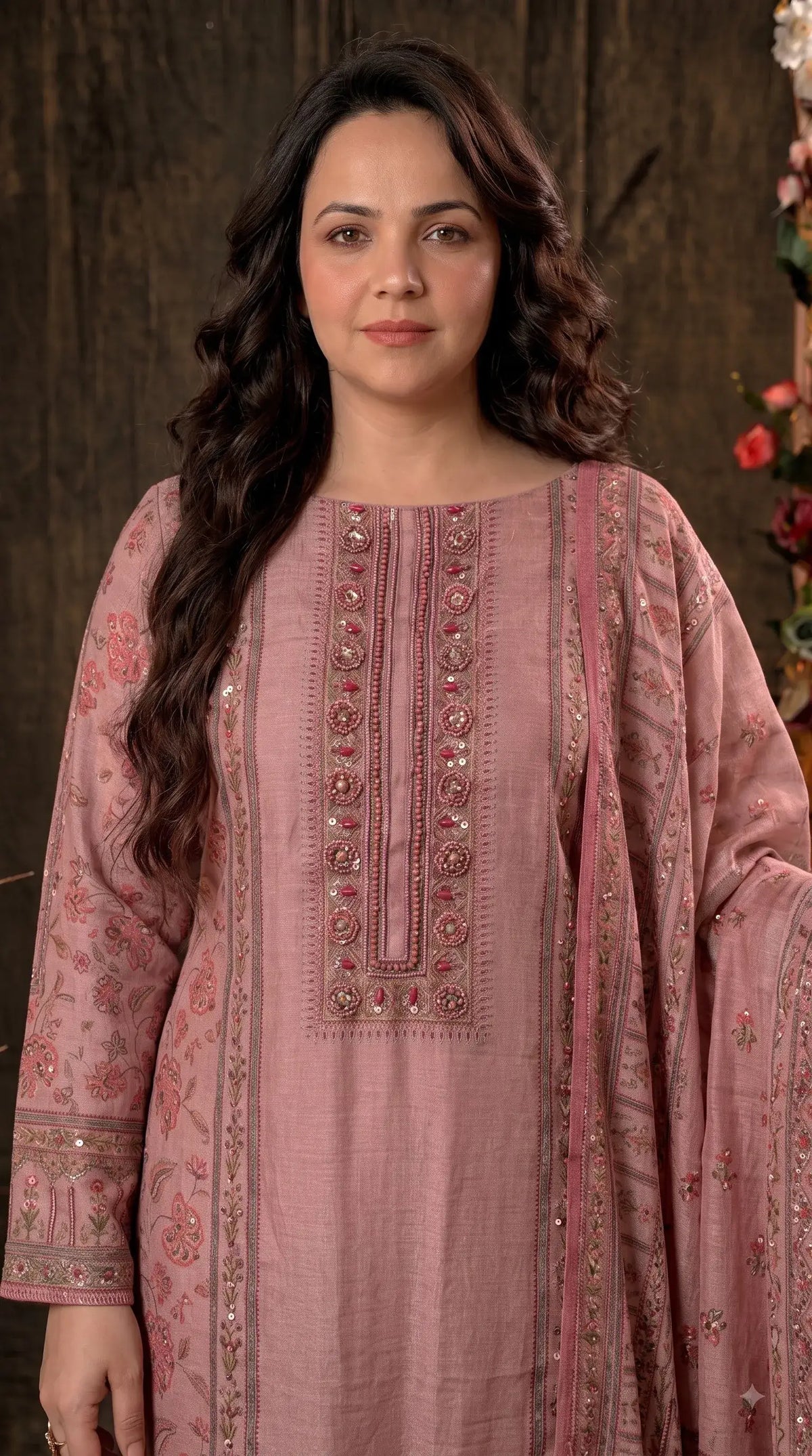 Pakistani Designer Pink Very Soft Tissue Suit with Pink Floral Pearl, Bead & Sequin Work