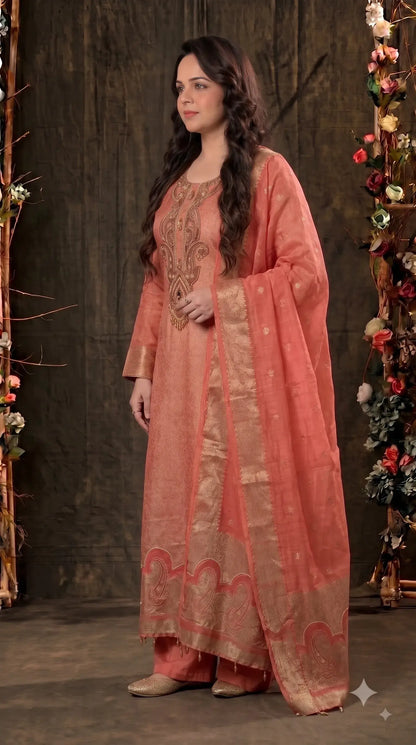 Premium Designer Coral Peach Soft Tissue Suit with Pearl, Bead & Stone