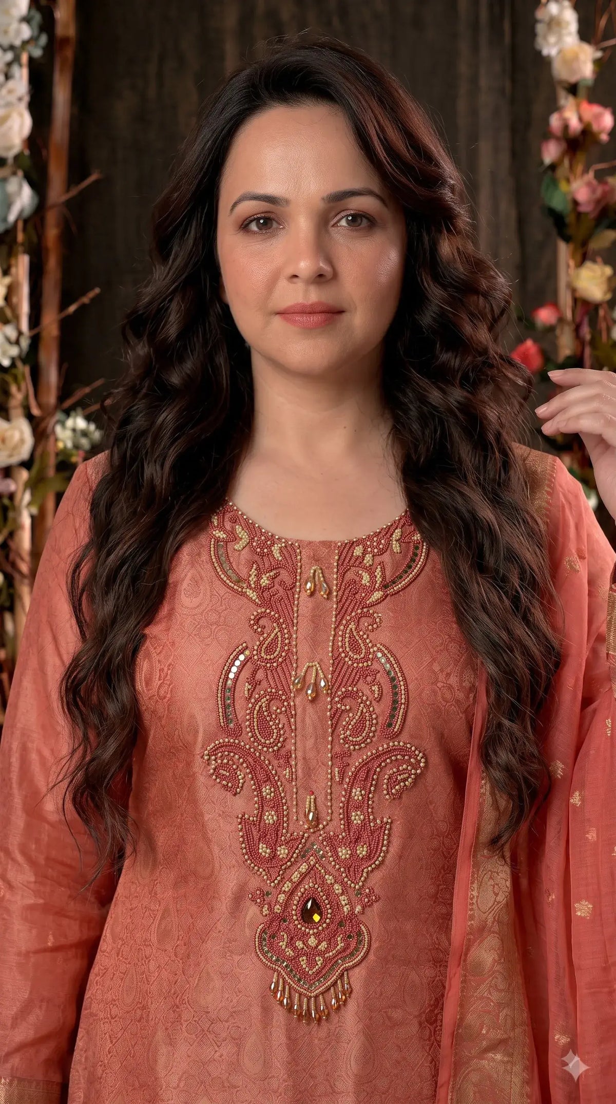 Premium Designer Coral Peach Soft Tissue Suit with Pearl, Bead & Stone
