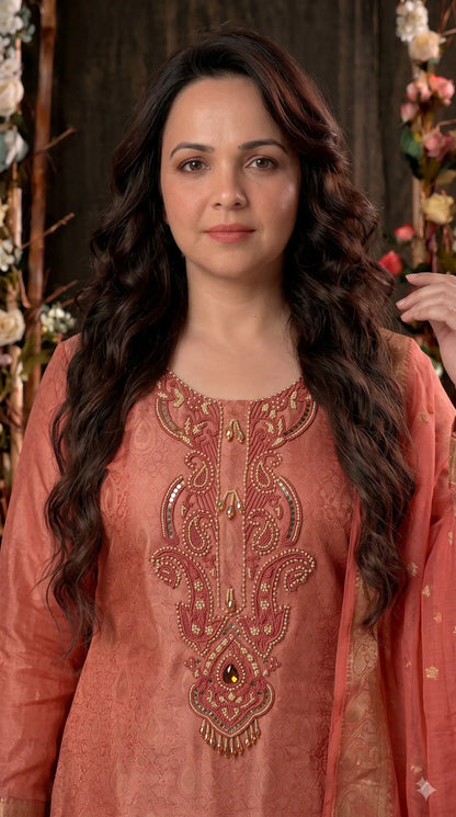 Premium Designer Coral Peach Soft Tissue Suit with Pearl, Bead & Stone
