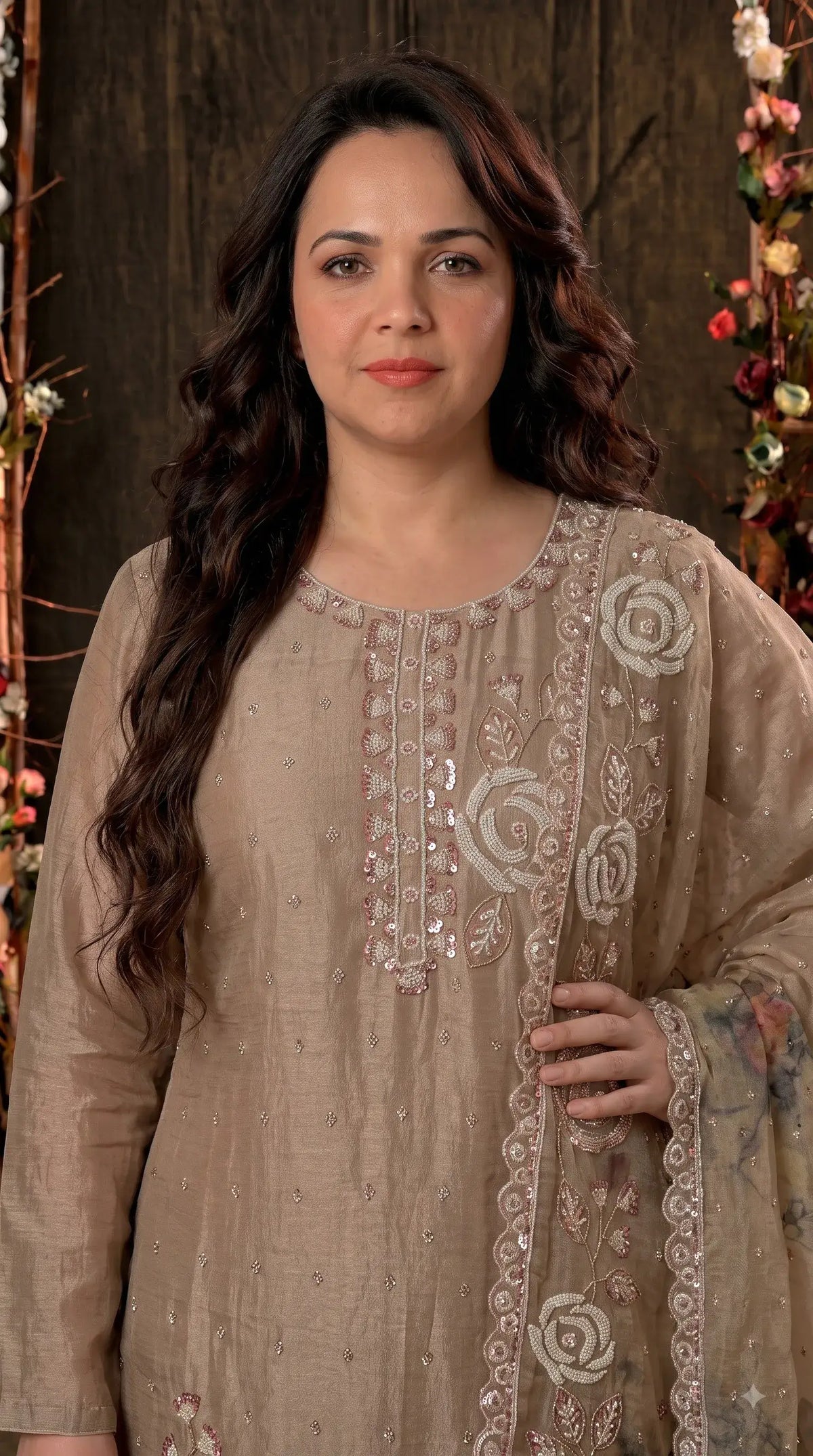 Premium Designer Beige Soft Tissue Suit with Pearl, Bead & Sequin Floral Work
