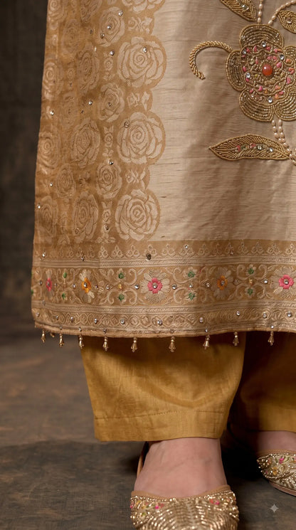 Pakistani Designer Yellow Banarsi Suit with Floral Bead & Sequin Work