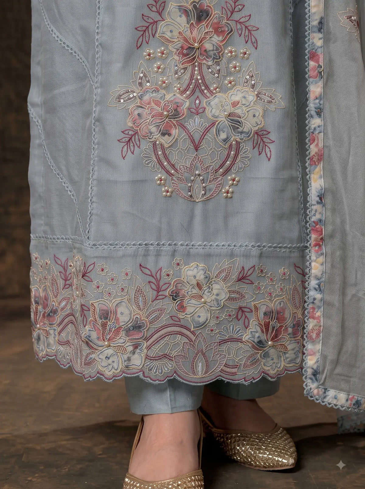 Pakistani Designer Soft Cotton Blue Suit With Floral Embroidery & Pearl Work