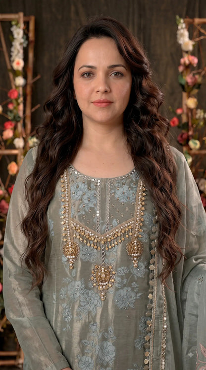Premium Pastel Tissue Pakistani Designer Suit with Floral Embroidery, Pearl & Sequin Handwork