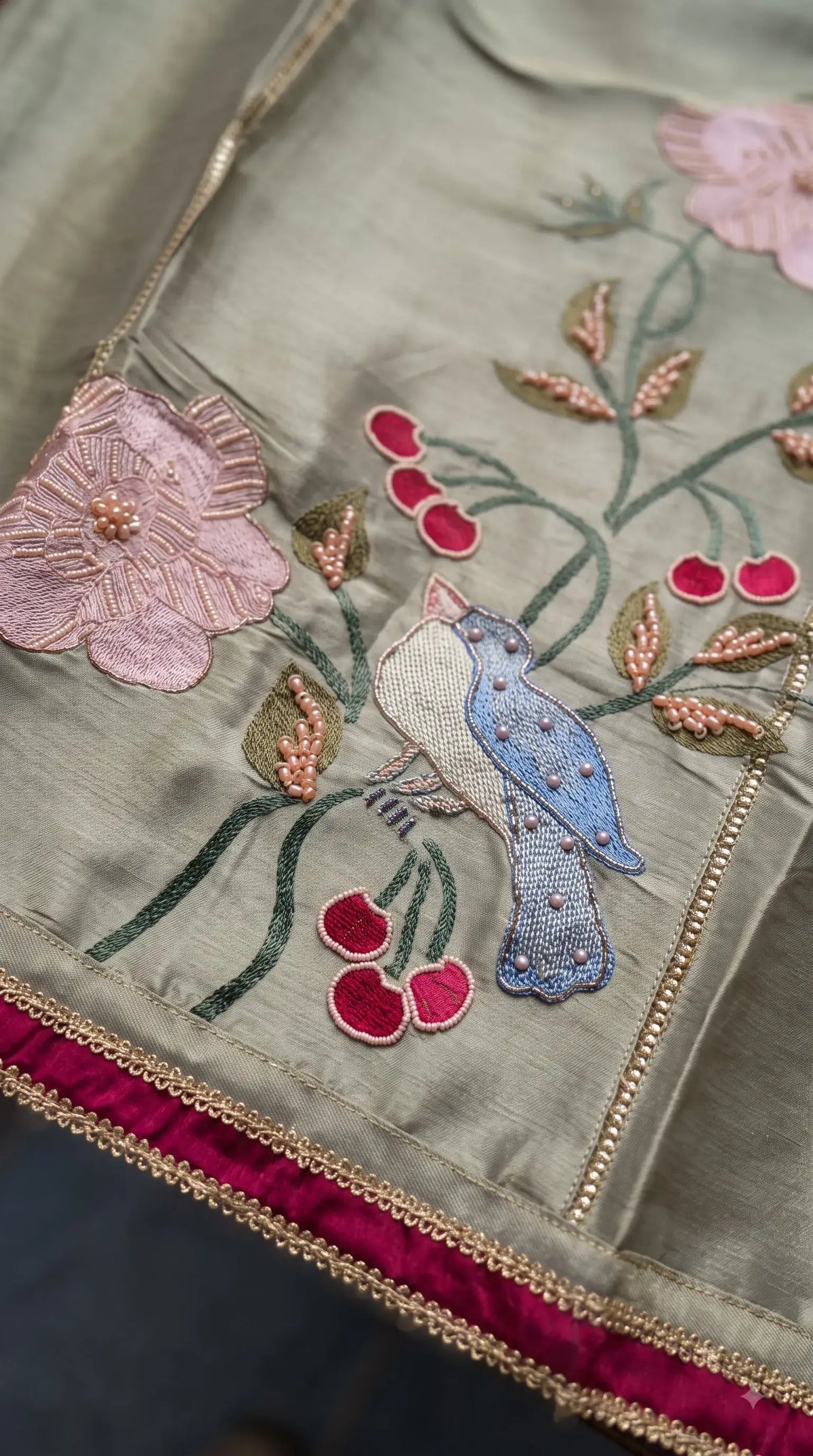Premium Sage Green Tissue Pakistani Designer Suit with Floral & Bird Embroidery