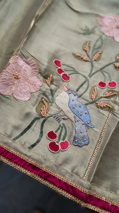 Premium Sage Green Tissue Pakistani Designer Suit with Floral & Bird Embroidery