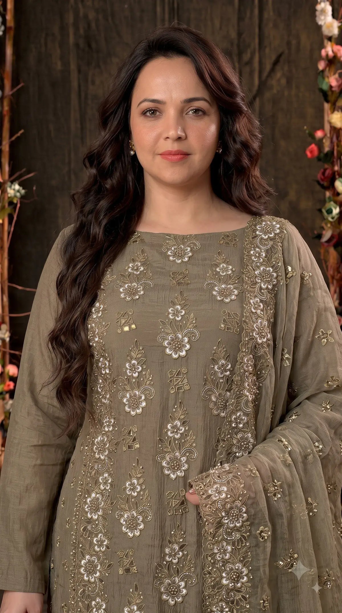 Premium Designer Olive Taupe Soft Crush Tissue Suit with Floral Embroidery, Pearl & Sequin Work