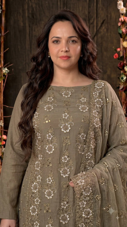 Premium Designer Olive Taupe Soft Crush Tissue Suit with Floral Embroidery, Pearl & Sequin Work