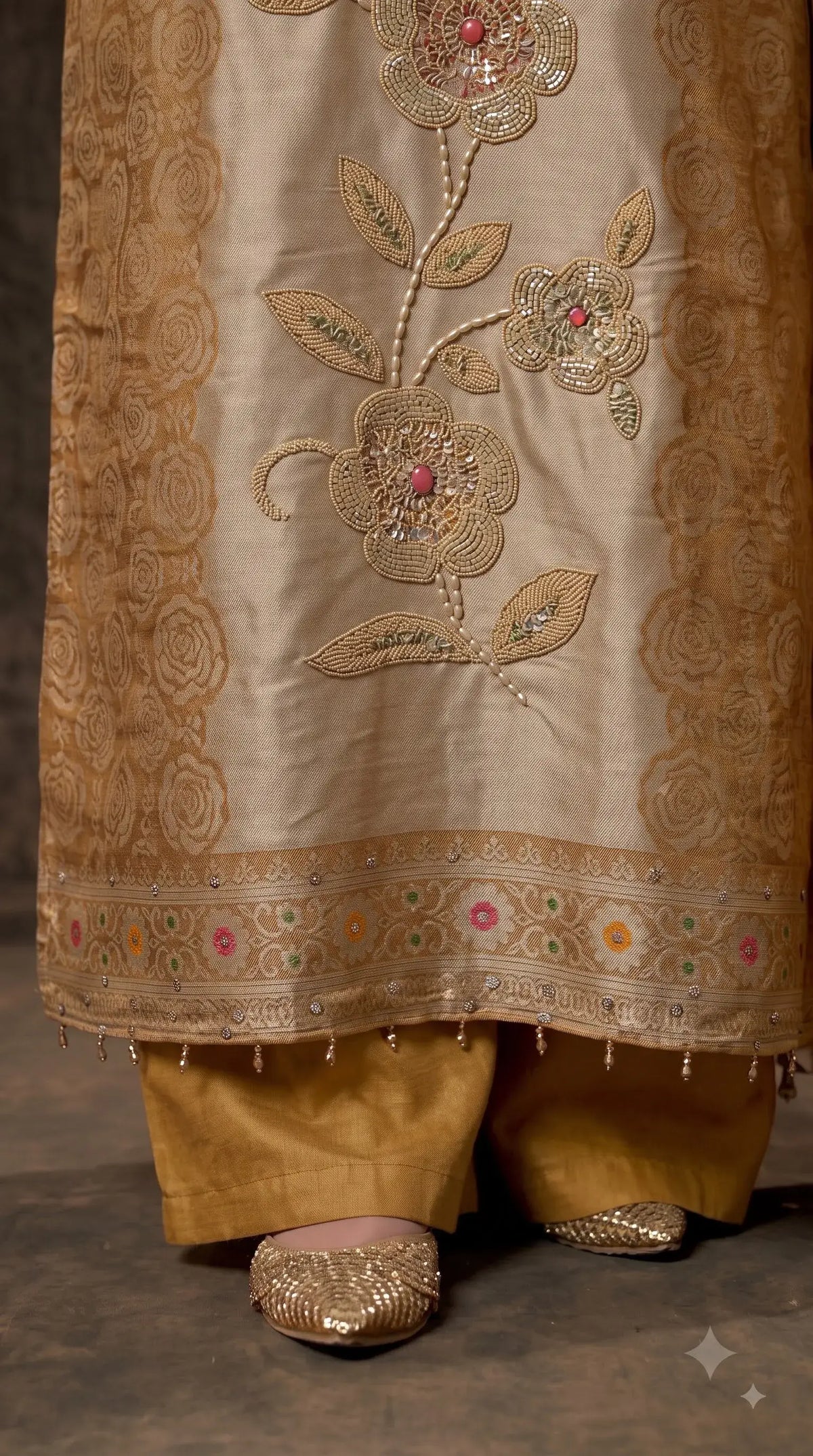 Pakistani Designer Yellow Banarsi Suit with Floral Bead & Sequin Work