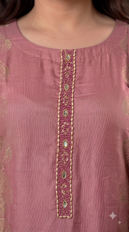 Pakistani Soft Pink Banarsi Pakistani Designer Suit with Floral Embroidery, Pearl, Bead & Mirror Work