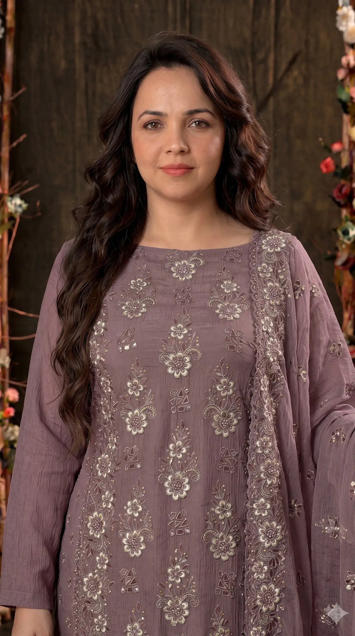 Pakistani Designer Mauve Shade Soft Crush Tissue Suit with Floral Embroidery, Pearl & Sequin Work