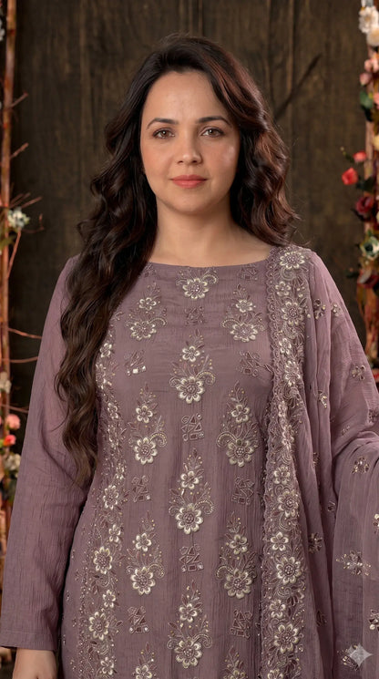 Pakistani Designer Mauve Shade Soft Crush Tissue Suit with Floral Embroidery, Pearl & Sequin Work