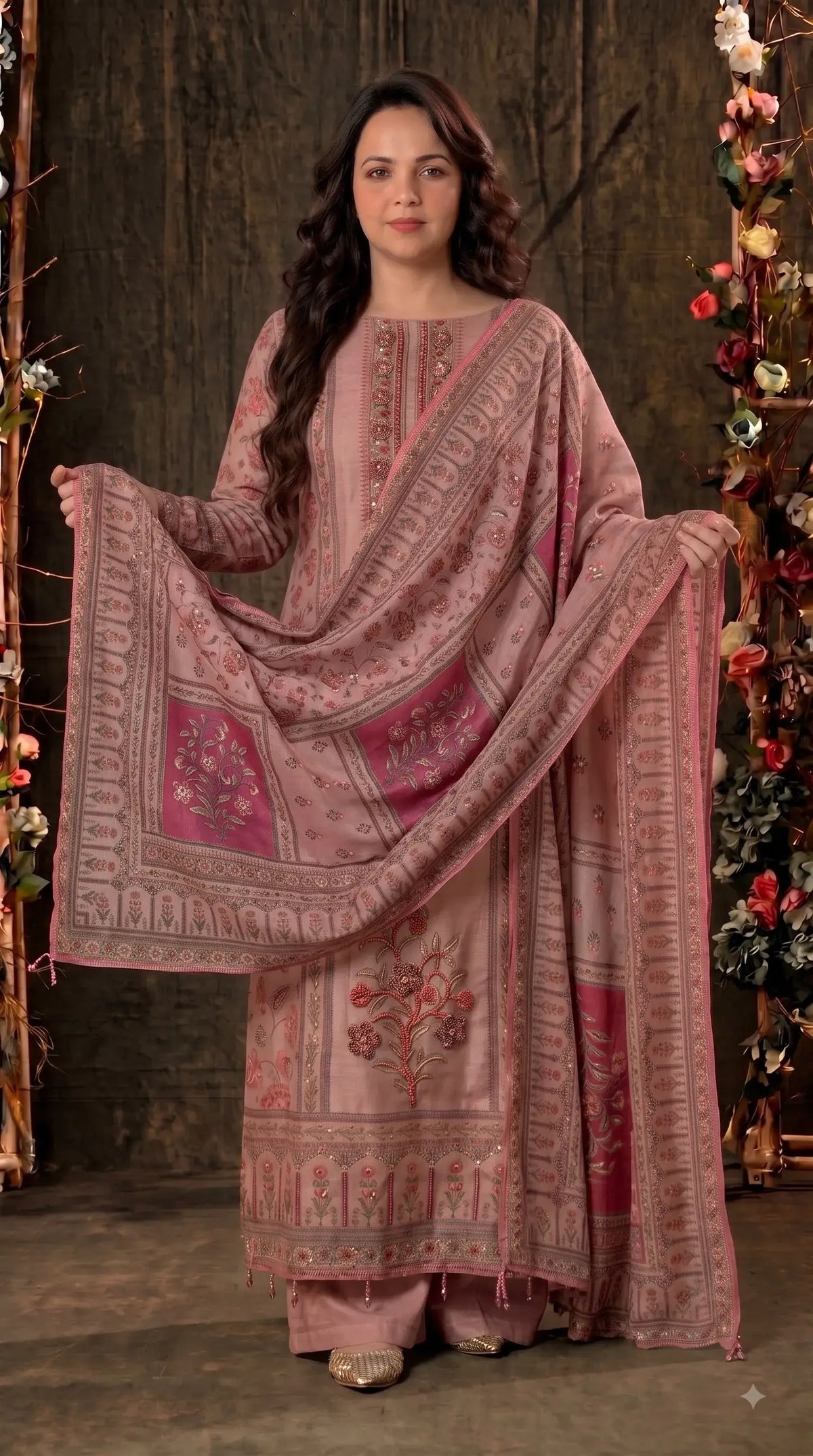 Pakistani Designer Pink Very Soft Tissue Suit with Pink Floral Pearl, Bead & Sequin Work