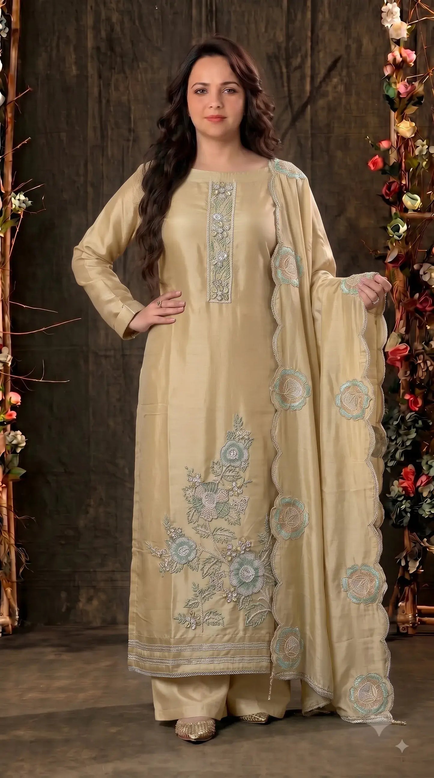 Premium Designer Yellow Luxury Tissue Suit with Pearl, Bead & Sequin Floral Work