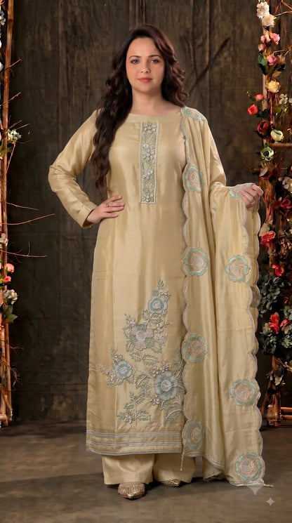 Premium Designer Yellow Luxury Tissue Suit with Pearl, Bead & Sequin Floral Work