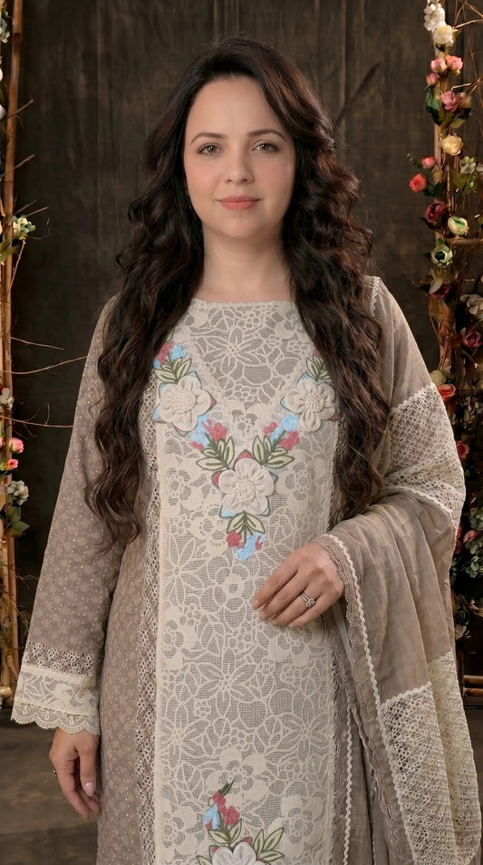 Premium Designer Pakistani Mull Cotton Suit with Embroidery & Lace Work