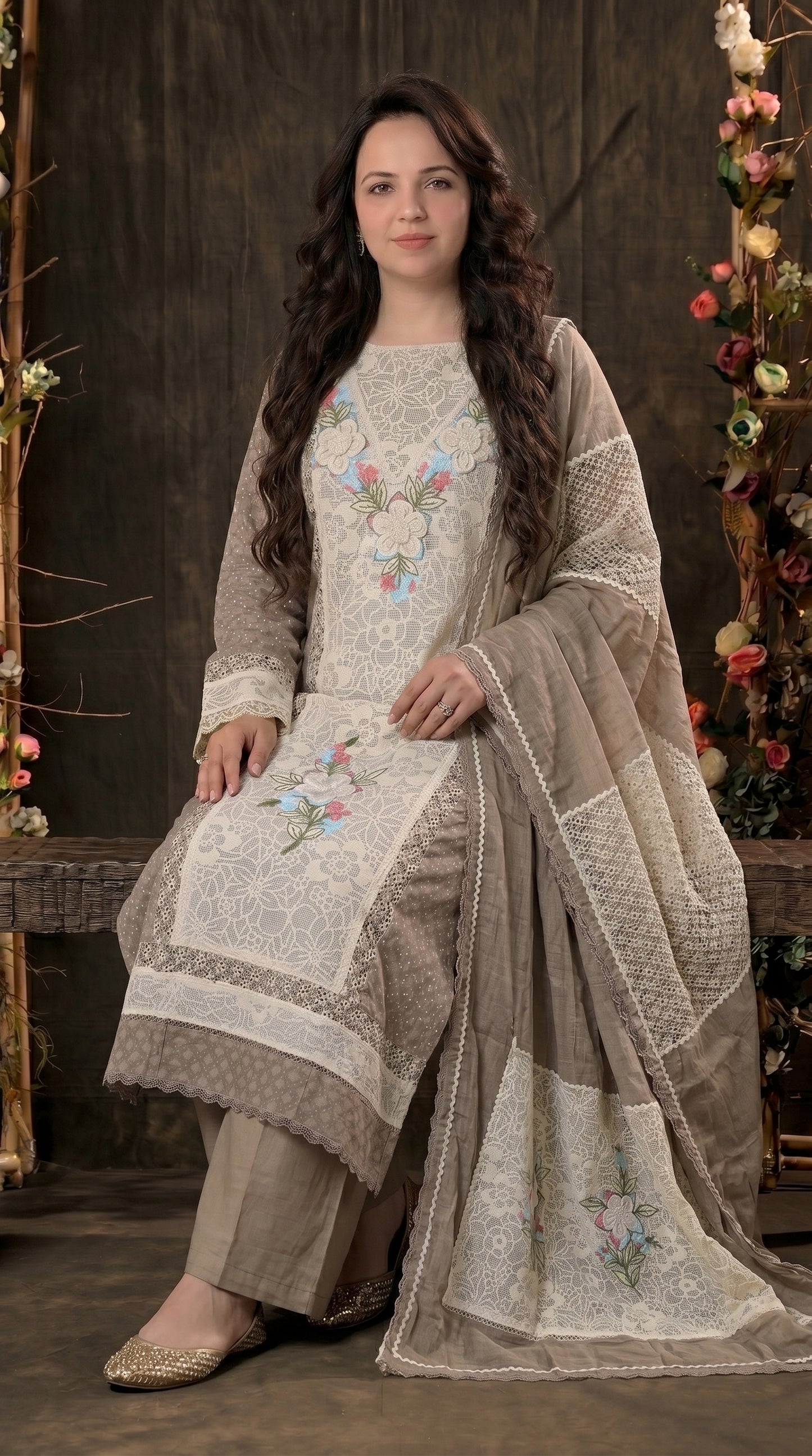 Premium Designer Pakistani Mull Cotton Suit with Embroidery & Lace Work
