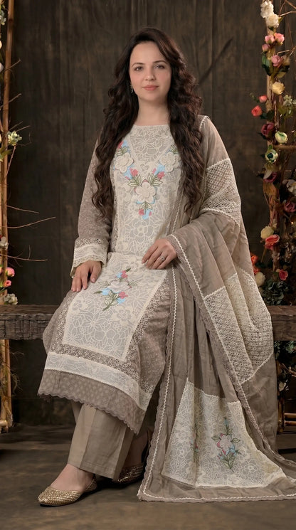 Premium Designer Pakistani Mull Cotton Suit with Embroidery & Lace Work