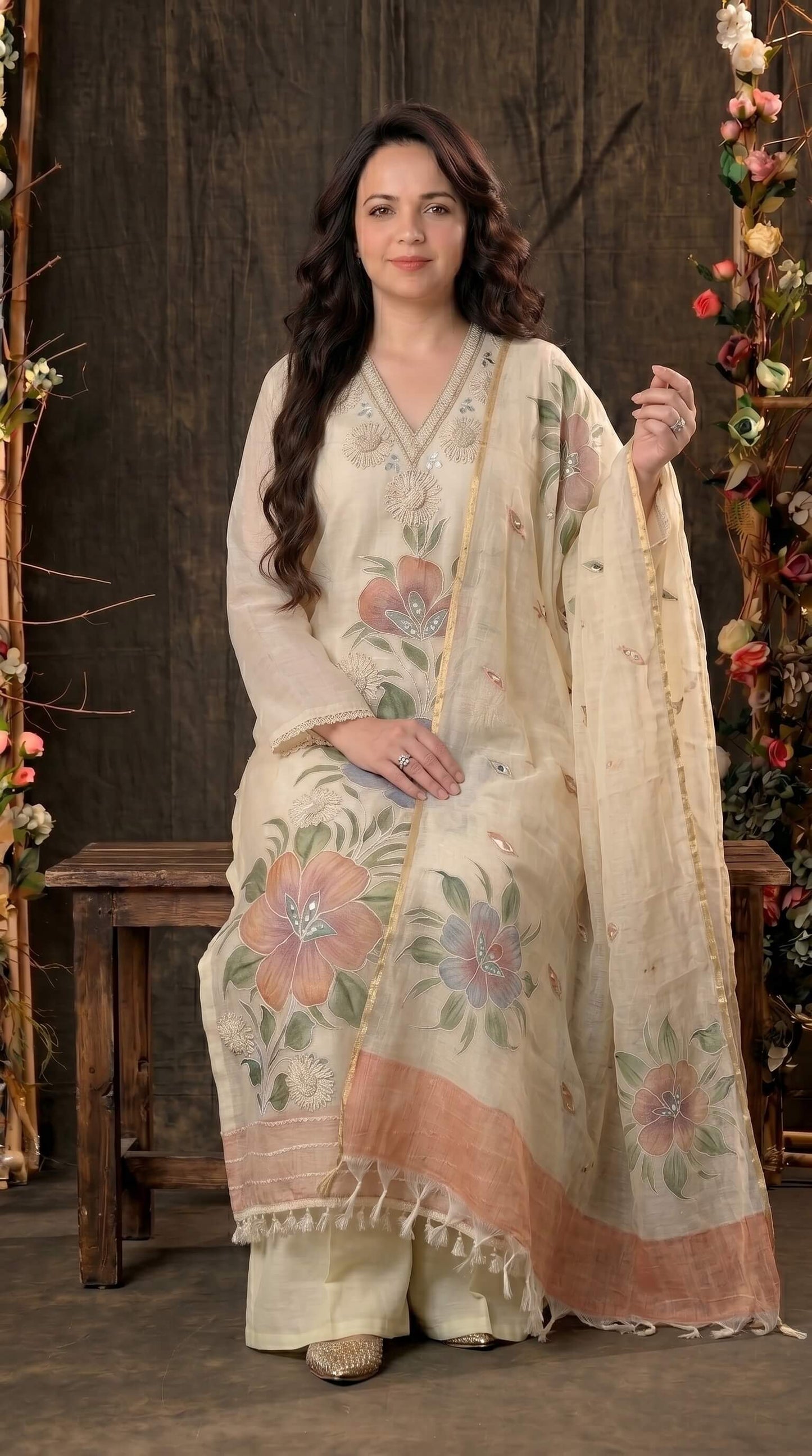 Premium Pakistani Mull Chanderi Suit with Mirror Detailing & Lace Borders