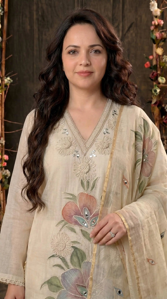 Premium Pakistani Mull Chanderi Suit with Mirror Detailing & Lace Borders