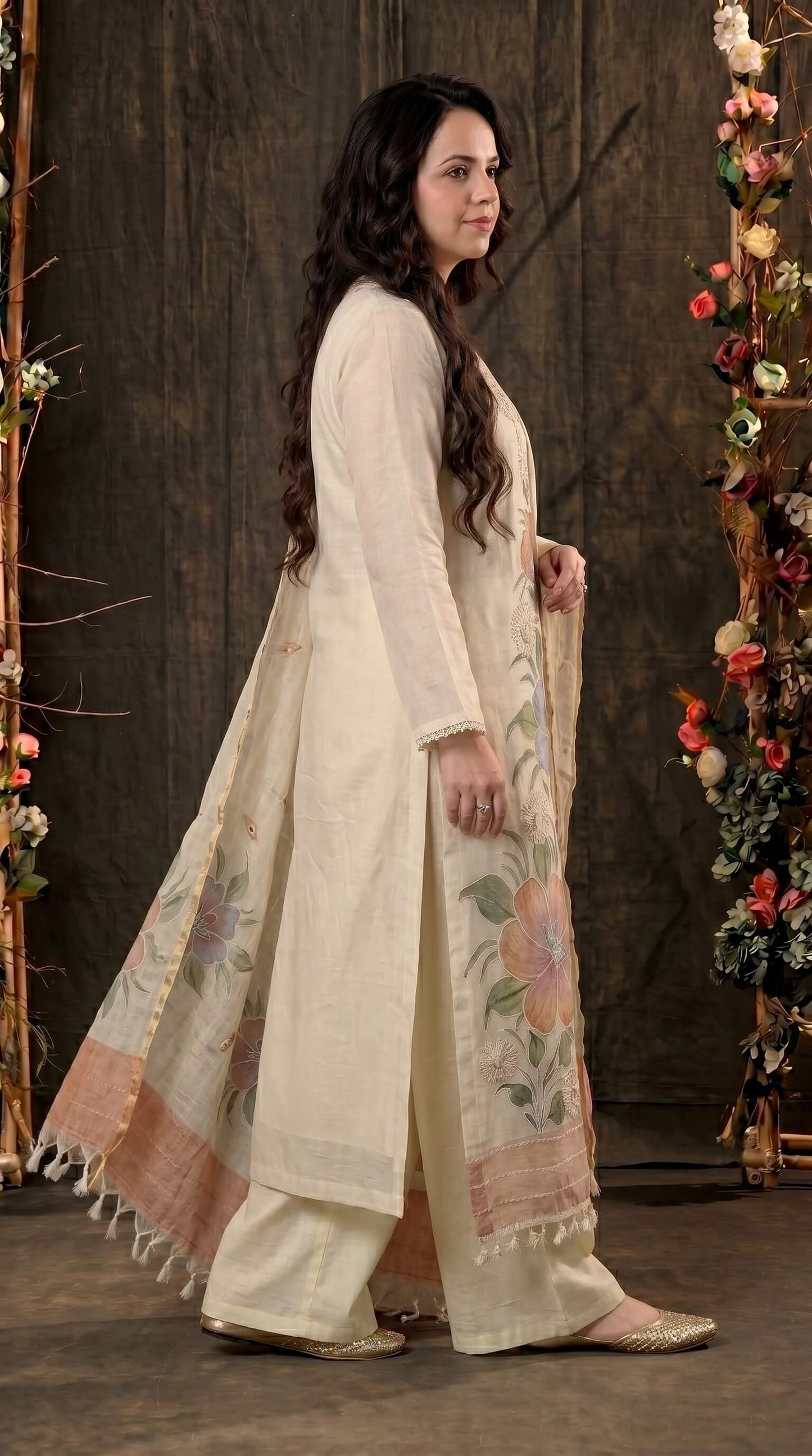 Premium Pakistani Mull Chanderi Suit with Mirror Detailing & Lace Borders