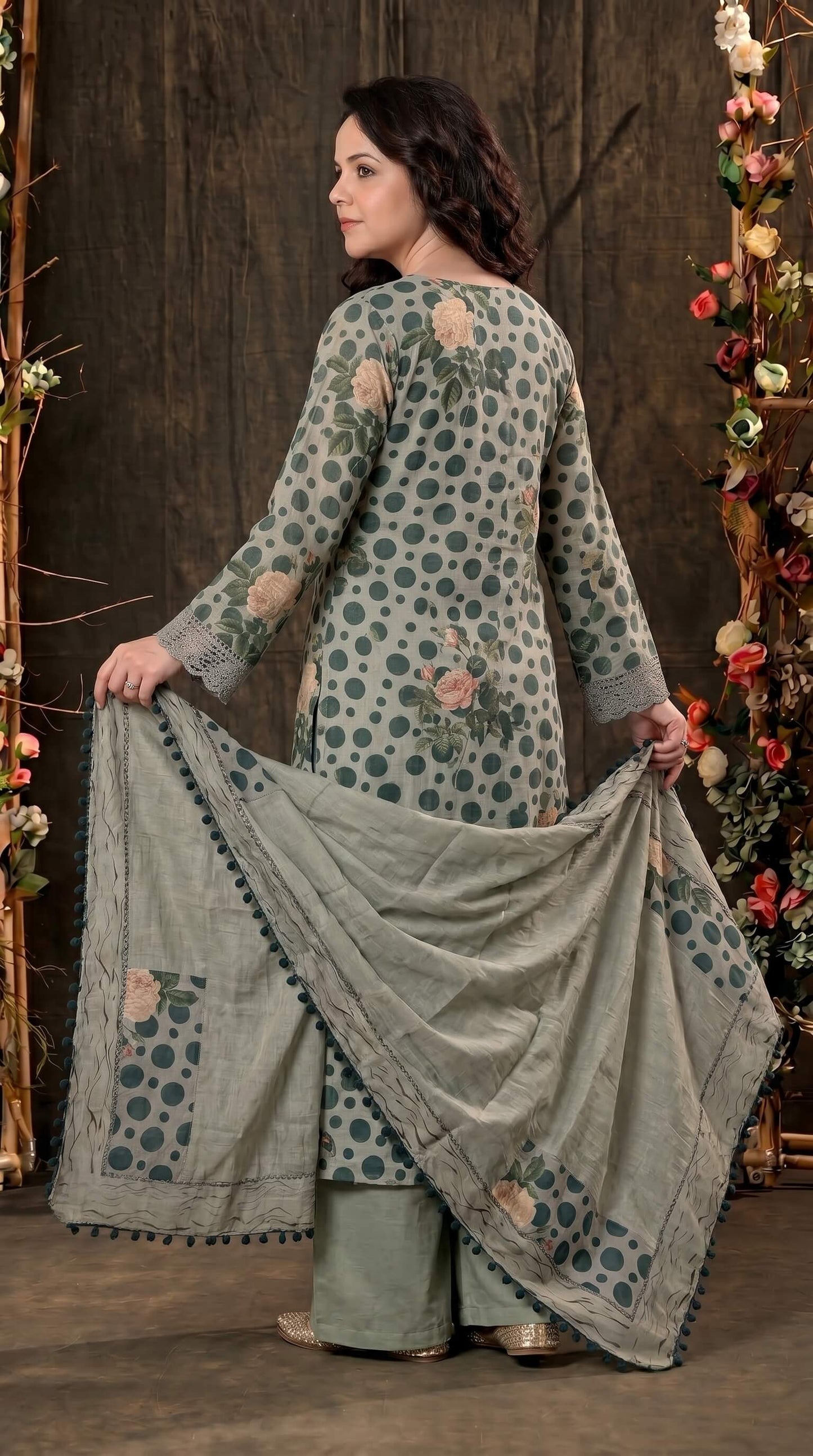 Premium Linen Cotton Pakistani Suit with Lace Work & Printed Dupatta
