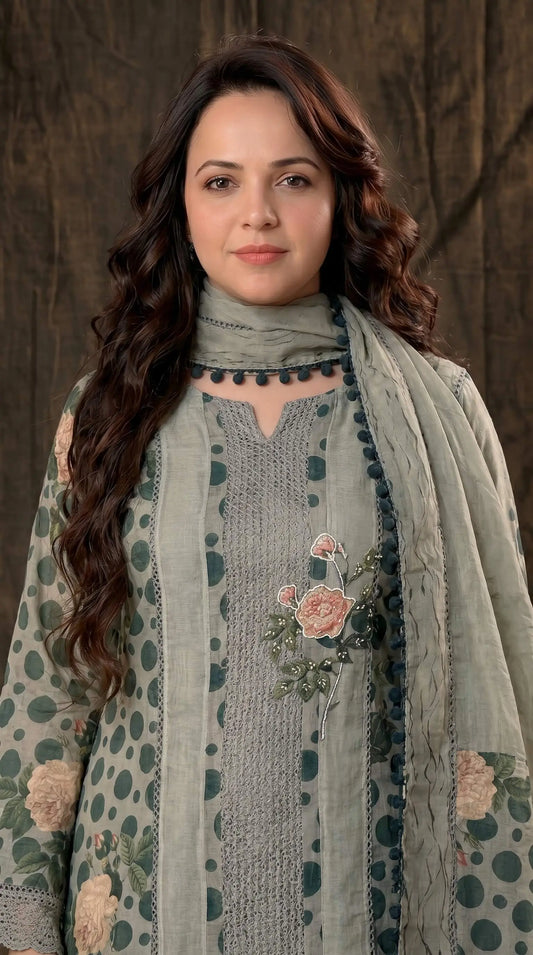 Premium Linen Cotton Pakistani Suit with Lace Work & Printed Dupatta