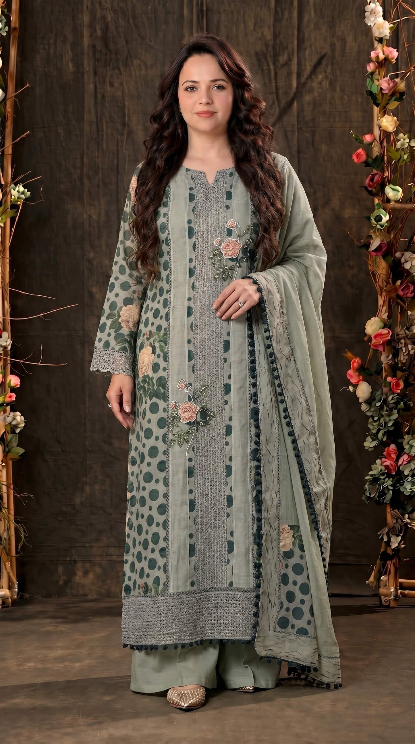 Premium Linen Cotton Pakistani Suit with Lace Work & Printed Dupatta