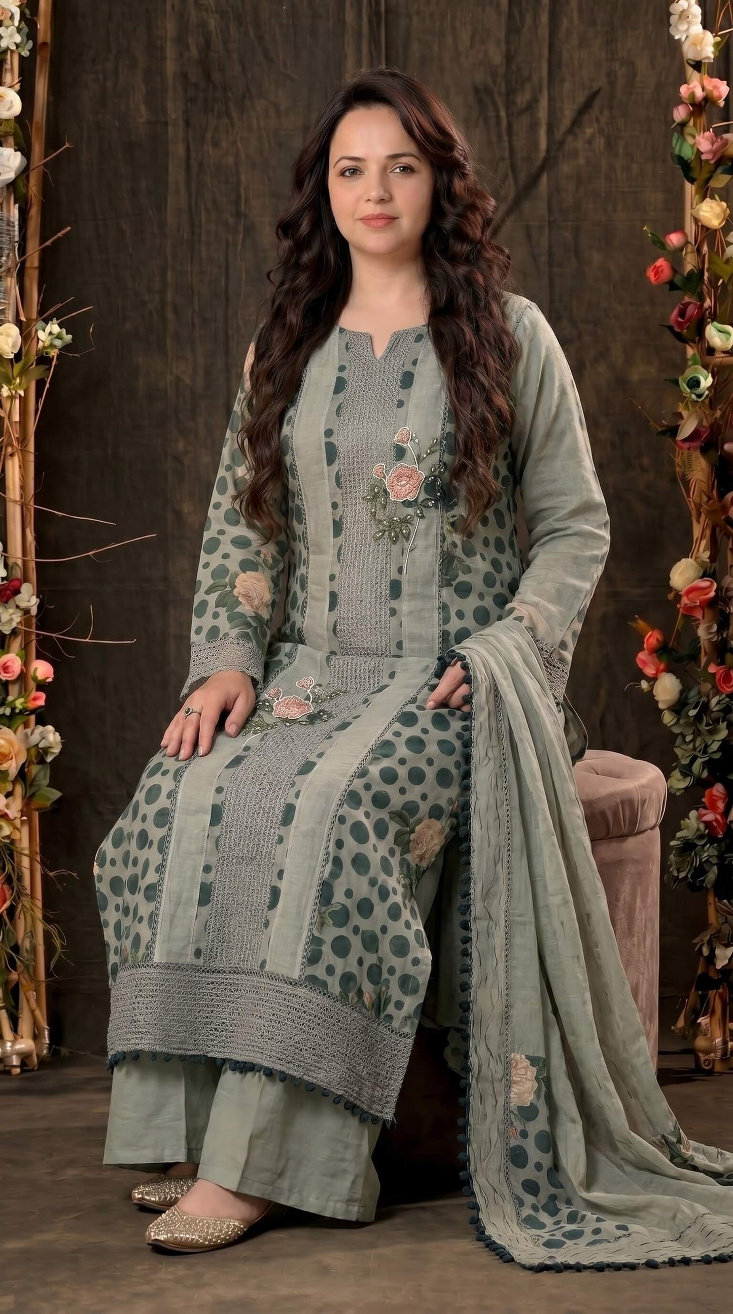 Premium Linen Cotton Pakistani Suit with Lace Work & Printed Dupatta