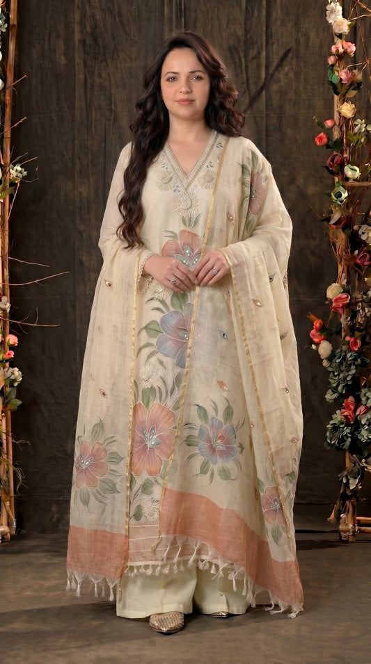Premium Pakistani Mull Chanderi Suit with Mirror Detailing & Lace Borders