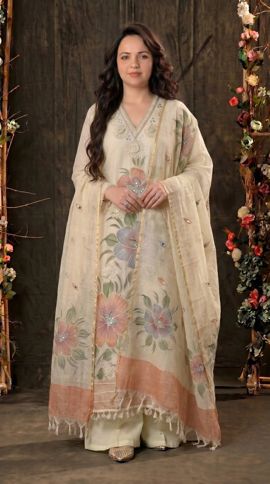 Premium Pakistani Mull Chanderi Suit with Mirror Detailing & Lace Borders